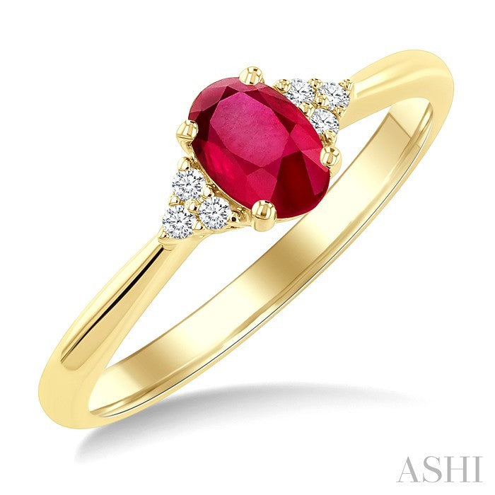 1/20 Ctw Oval Cut 6X4 MM Ruby and Round Cut Diamond semi-precious Ring in 10K Yellow Gold