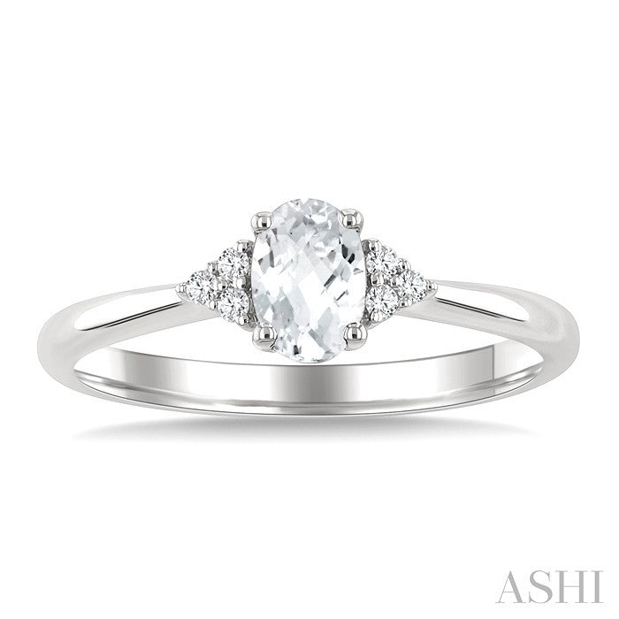 1/20 Ctw Oval Cut 6X4 MM White Topaz and Round Cut Diamond semi-precious Ring in 10K White Gold