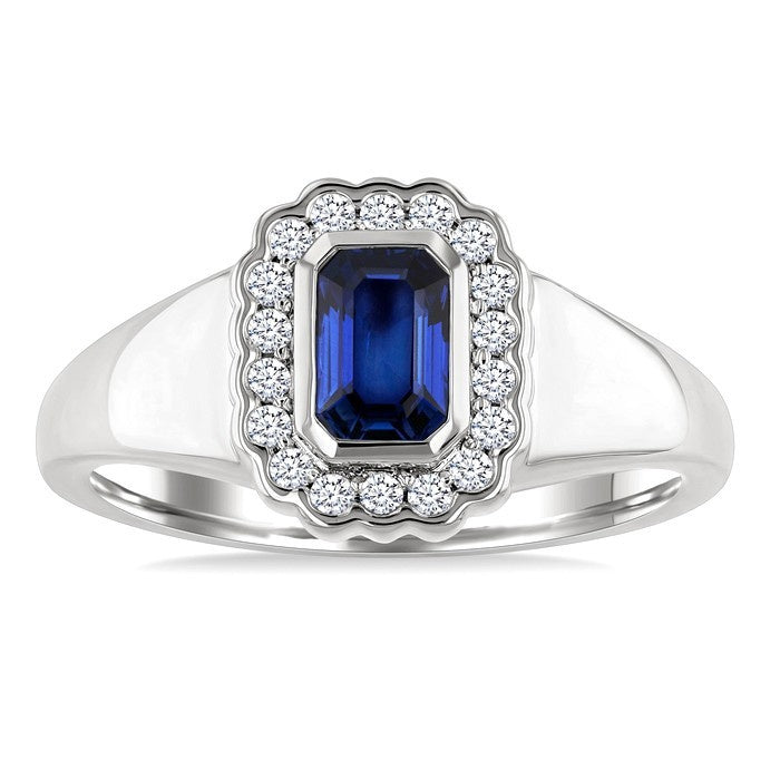 6X4 MM Octagon Shape Sapphire and 1/5 Ctw Round Cut Diamond Bold Precious Fashion Ring in 10K White Gold