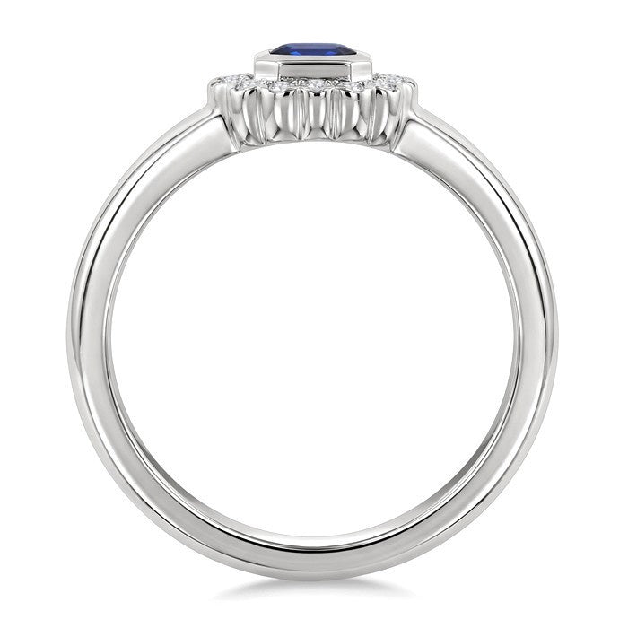 6X4 MM Octagon Shape Sapphire and 1/5 Ctw Round Cut Diamond Bold Precious Fashion Ring in 10K White Gold