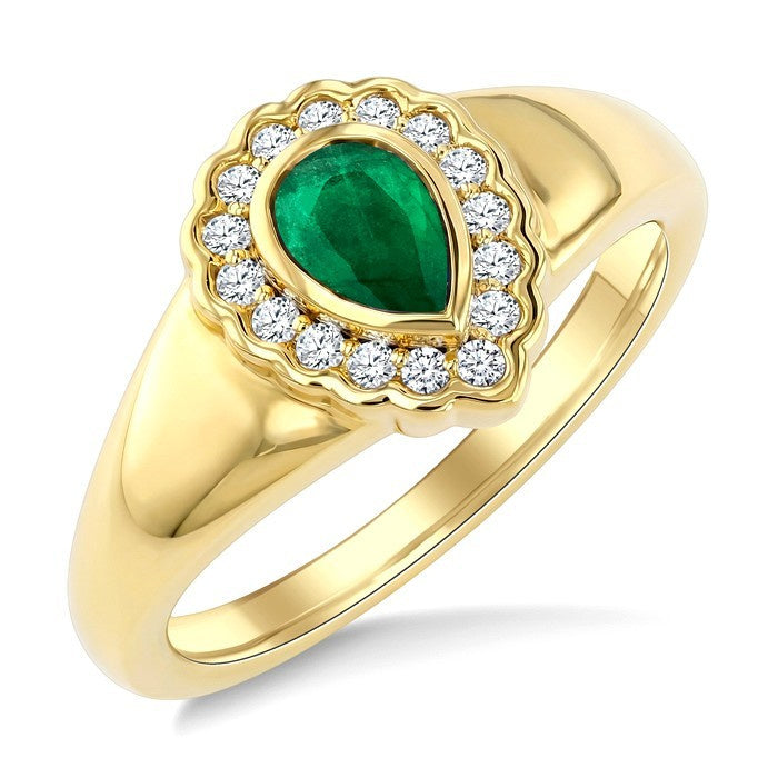 6X4 MM Pear Shape Emerald and 1/6 Ctw Round Cut Diamond Bold Precious Ring in 10K Yellow Gold