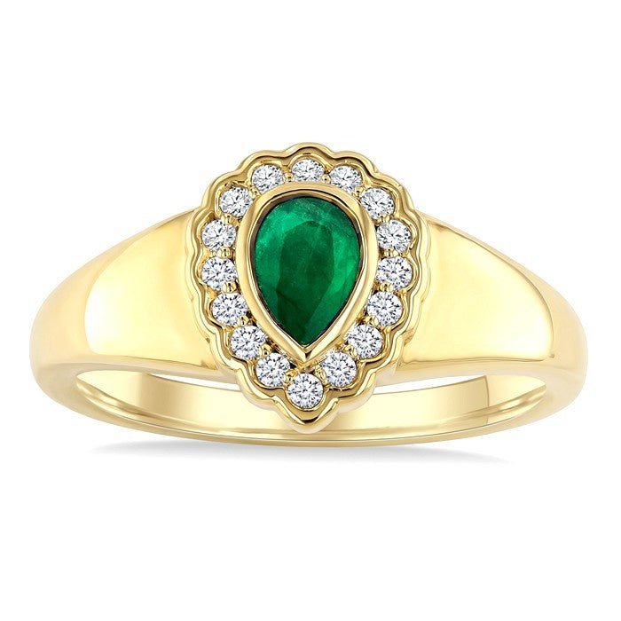 6X4 MM Pear Shape Emerald and 1/6 Ctw Round Cut Diamond Bold Precious Ring in 10K Yellow Gold