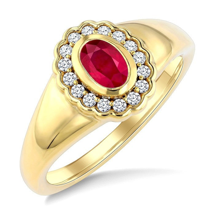 6X4 MM Oval Shape Ruby and 1/6 Ctw Round Cut Diamond Bold Precious Ring in 10K Yellow Gold