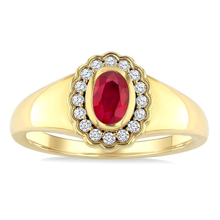 6X4 MM Oval Shape Ruby and 1/6 Ctw Round Cut Diamond Bold Precious Ring in 10K Yellow Gold