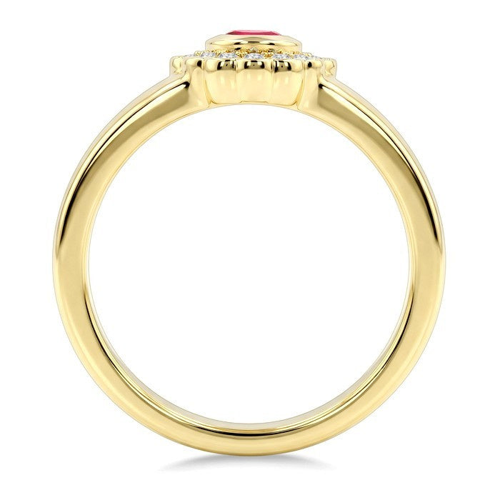 6X4 MM Oval Shape Ruby and 1/6 Ctw Round Cut Diamond Bold Precious Ring in 10K Yellow Gold