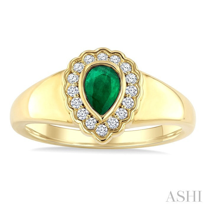 6X4 MM Pear Shape Emerald and 1/6 Ctw Round Cut Diamond Bold Precious Ring in 10K Yellow Gold