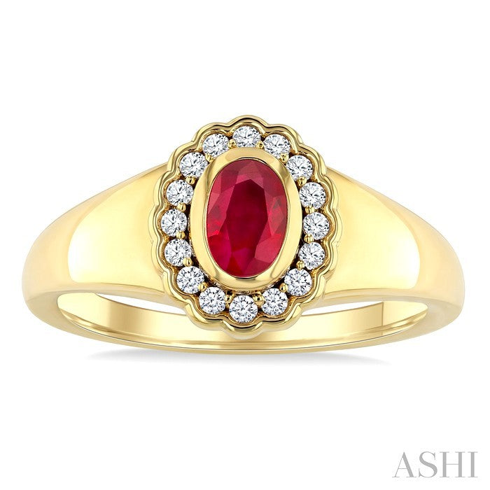 6X4 MM Oval Shape Ruby and 1/6 Ctw Round Cut Diamond Bold Precious Ring in 10K Yellow Gold