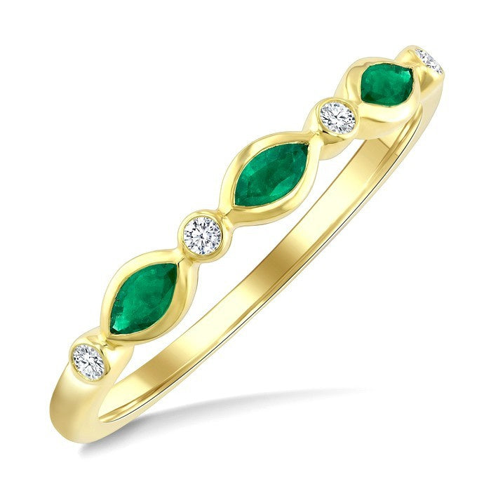 4X2 MM Marquise Shape Emerald and 1/20 Ctw Bezel Set Round Cut Diamond Precious Fashion Band in 10K Yellow Gold