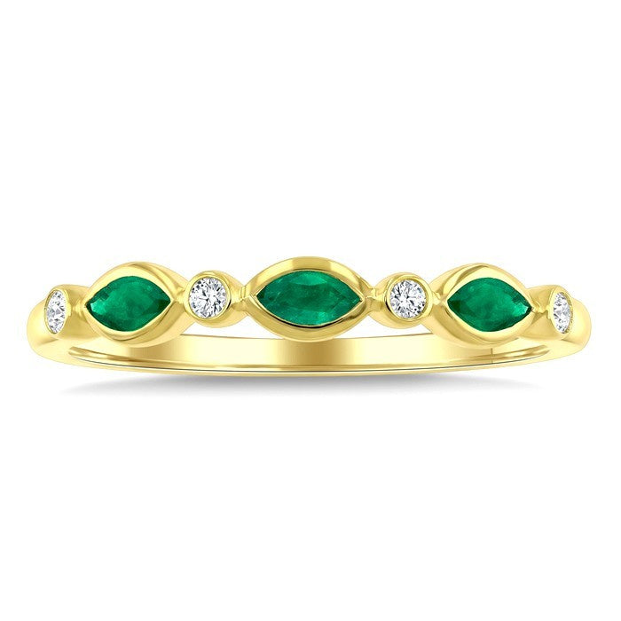 4X2 MM Marquise Shape Emerald and 1/20 Ctw Bezel Set Round Cut Diamond Precious Fashion Band in 10K Yellow Gold