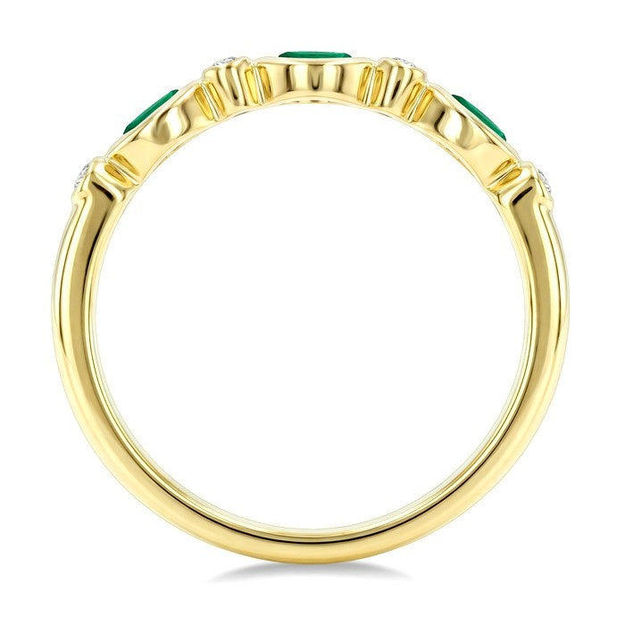 4X2 MM Marquise Shape Emerald and 1/20 Ctw Bezel Set Round Cut Diamond Precious Fashion Band in 10K Yellow Gold