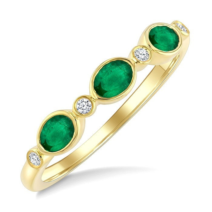 4X3 MM Oval Shape Emerald and 1/20 Ctw Bezel Set Round Cut Diamond Precious Fashion Band in 10K Yellow Gold