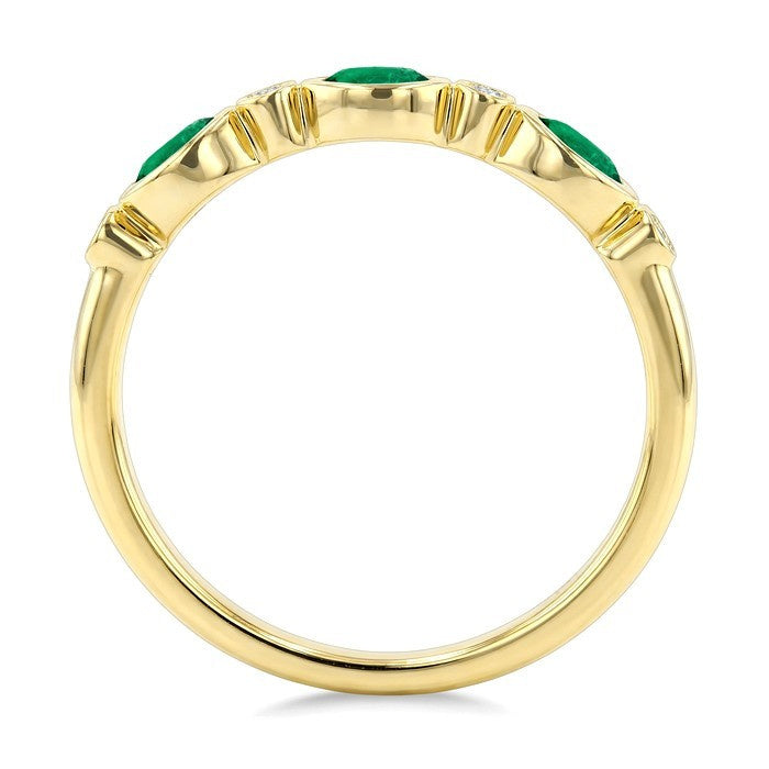 4X3 MM Oval Shape Emerald and 1/20 Ctw Bezel Set Round Cut Diamond Precious Fashion Band in 10K Yellow Gold