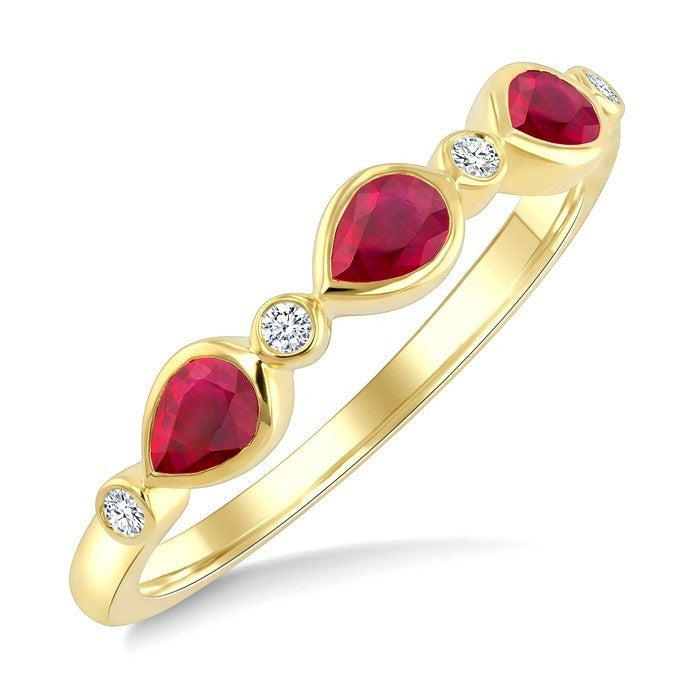 4X3 MM Pear Shape Ruby and 1/20 Ctw Bezel Set Round Cut Diamond Precious Fashion Band in 10K Yellow Gold