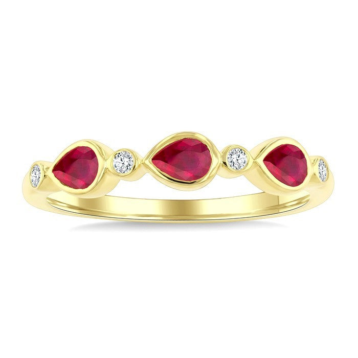 4X3 MM Pear Shape Ruby and 1/20 Ctw Bezel Set Round Cut Diamond Precious Fashion Band in 10K Yellow Gold
