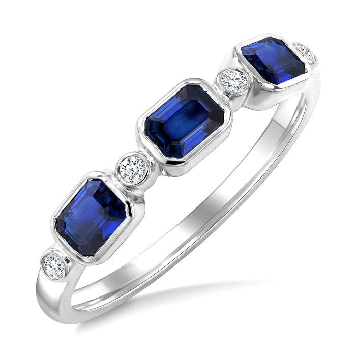 4X3 MM Octagon Shape Sapphire and 1/20 Ctw Bezel Set Round Cut Diamond Precious Fashion Band in 10K White Gold