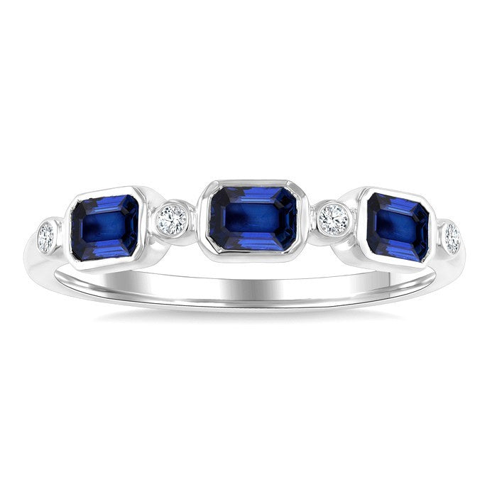4X3 MM Octagon Shape Sapphire and 1/20 Ctw Bezel Set Round Cut Diamond Precious Fashion Band in 10K White Gold