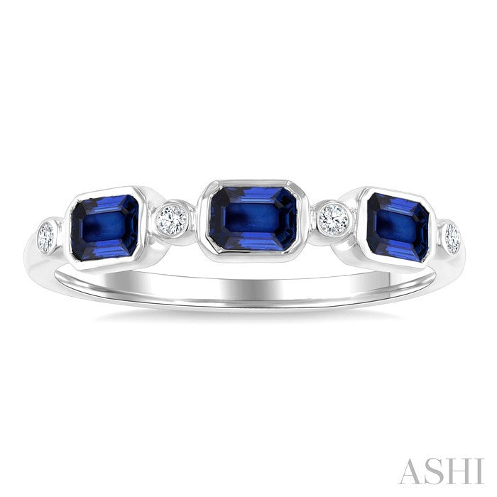 4X3 MM Octagon Shape Sapphire and 1/20 Ctw Bezel Set Round Cut Diamond Precious Fashion Band in 10K White Gold
