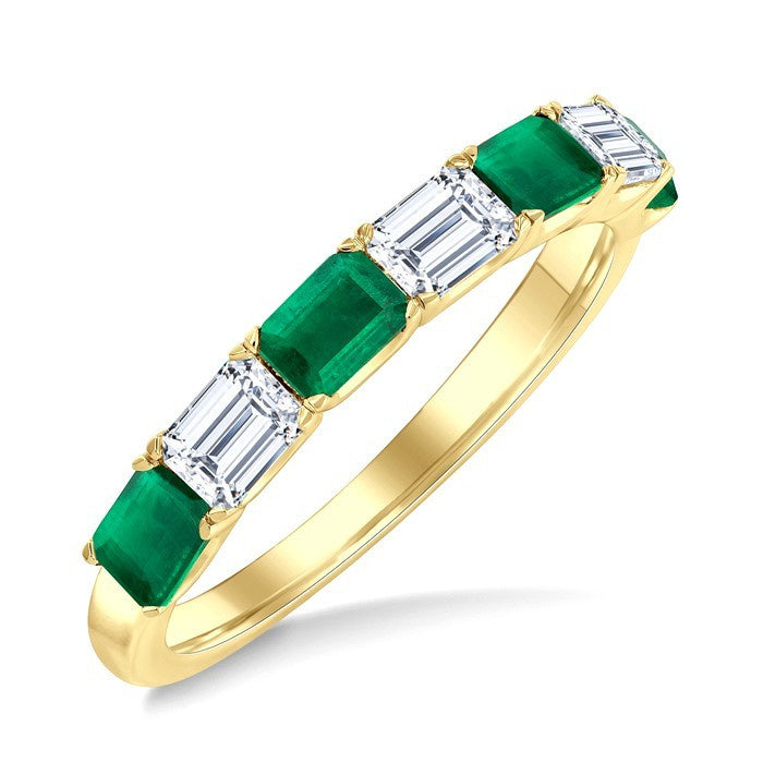 4X3 MM Octagon Shape Emerald and 3/4 Ctw Baguette Cut Diamond Precious Fashion Band in 14K Yellow Gold
