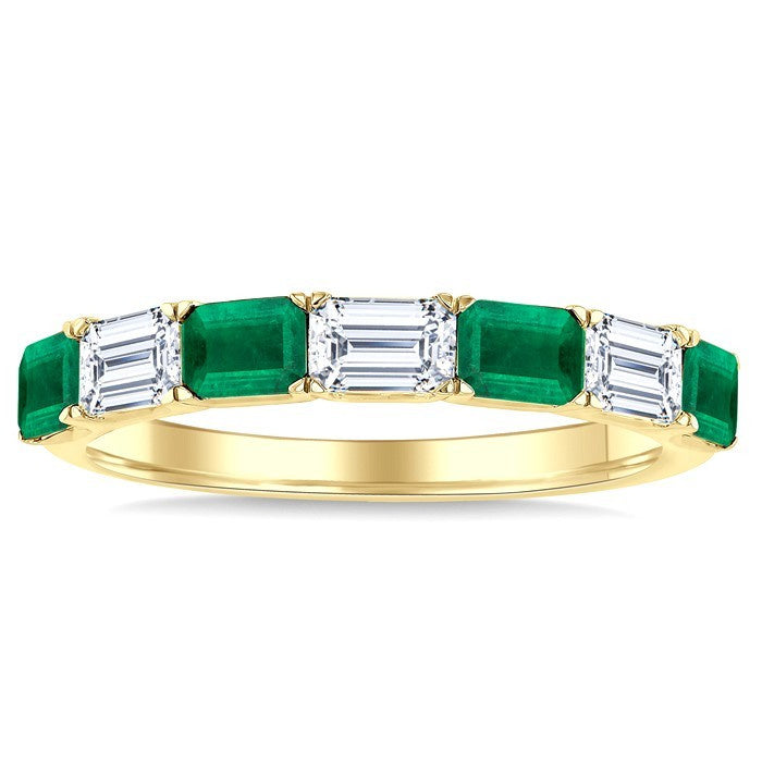 4X3 MM Octagon Shape Emerald and 3/4 Ctw Baguette Cut Diamond Precious Fashion Band in 14K Yellow Gold