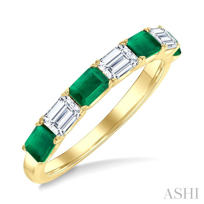 4X3 MM Octagon Shape Emerald and 3/4 Ctw Baguette Cut Diamond Precious Fashion Band in 14K Yellow Gold