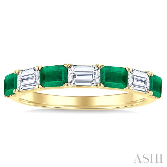 4X3 MM Octagon Shape Emerald and 3/4 Ctw Baguette Cut Diamond Precious Fashion Band in 14K Yellow Gold