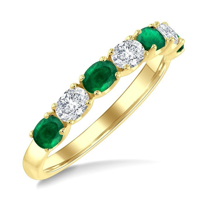 4X3 MM Oval Shape Emerald and 1/2 Ctw Oval Cut Diamond Precious Band in 14K Yellow Gold