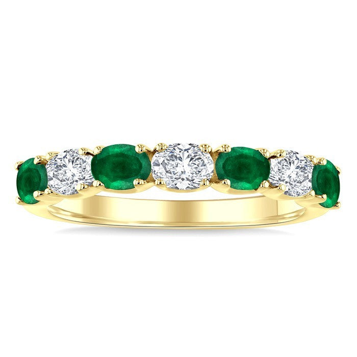 4X3 MM Oval Shape Emerald and 1/2 Ctw Oval Cut Diamond Precious Band in 14K Yellow Gold