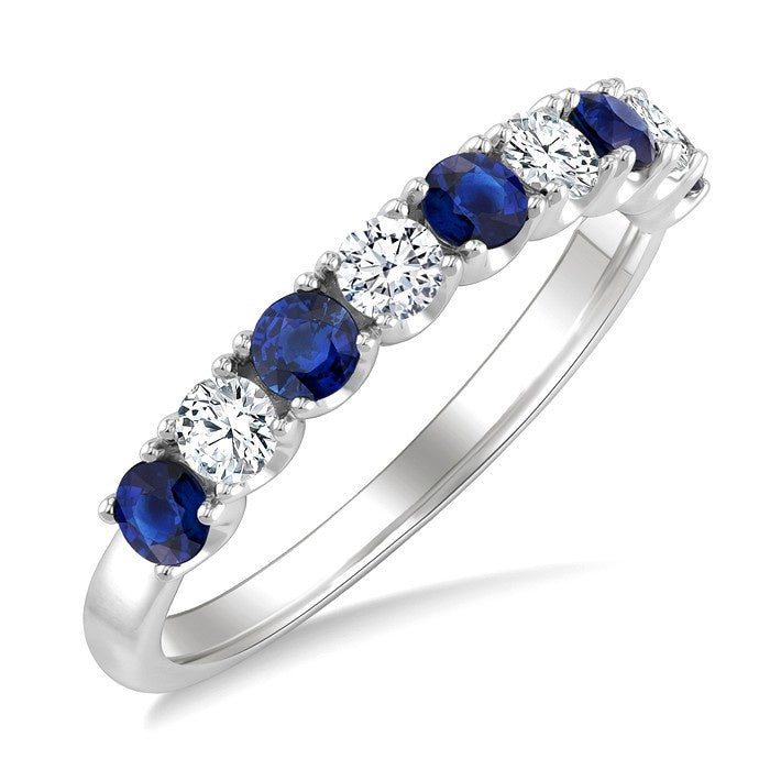3 MM Round Shape Sapphire and 1/2 Ctw Round Cut Diamond Precious Band in 14K White Gold