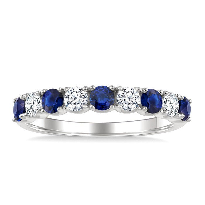 3 MM Round Shape Sapphire and 1/2 Ctw Round Cut Diamond Precious Band in 14K White Gold