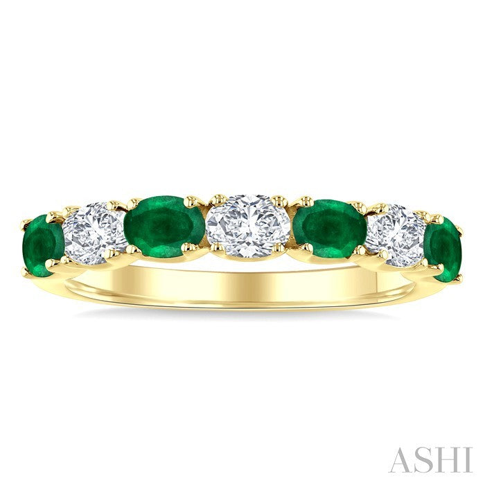 4X3 MM Oval Shape Emerald and 1/2 Ctw Oval Cut Diamond Precious Band in 14K Yellow Gold