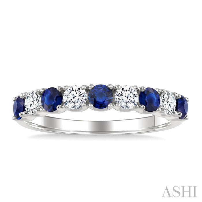 3 MM Round Shape Sapphire and 1/2 Ctw Round Cut Diamond Precious Band in 14K White Gold