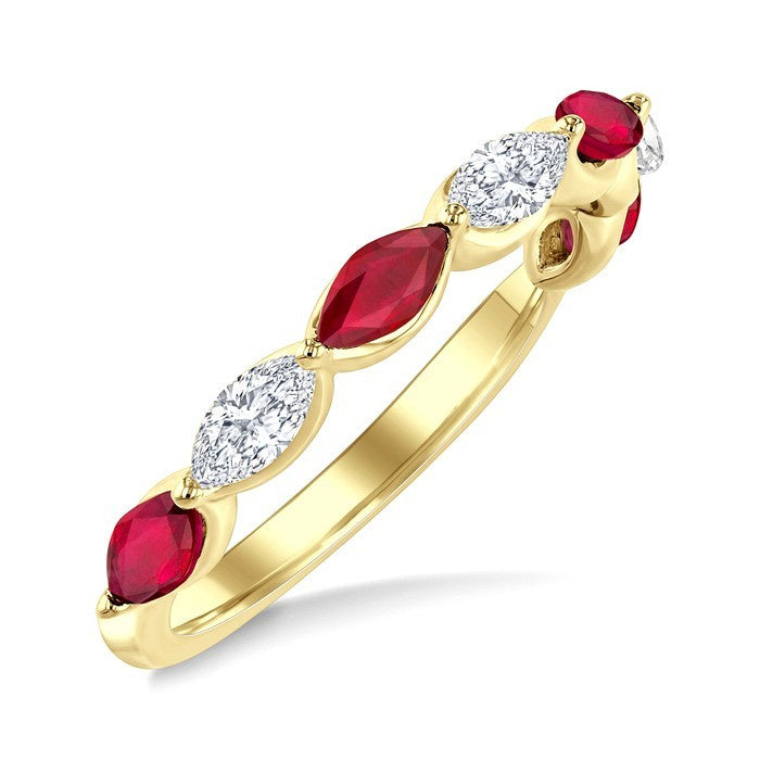 5X2.5 MM Marquise Shape Ruby and 3/8 Ctw Marquise Cut Diamond Precious Band in 14K Yellow Gold