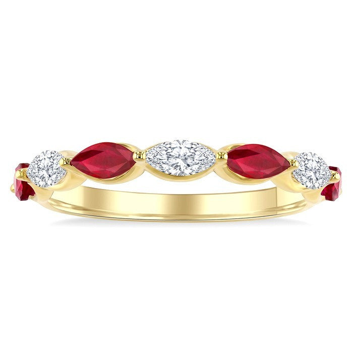 5X2.5 MM Marquise Shape Ruby and 3/8 Ctw Marquise Cut Diamond Precious Band in 14K Yellow Gold