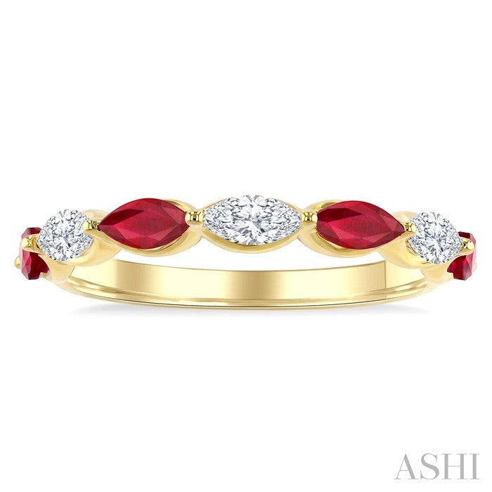 5X2.5 MM Marquise Shape Ruby and 3/8 Ctw Marquise Cut Diamond Precious Band in 14K Yellow Gold