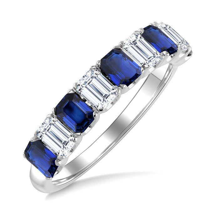 4X3 MM Octagon Shape Sapphire and 1 Ctw Baguette Cut Diamond Precious Fashion Band in 14K White Gold