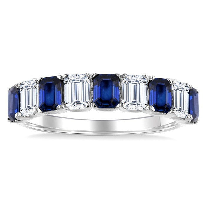 4X3 MM Octagon Shape Sapphire and 1 Ctw Baguette Cut Diamond Precious Fashion Band in 14K White Gold