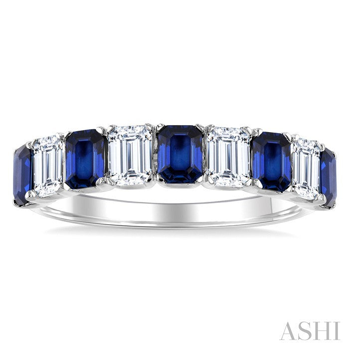4X3 MM Octagon Shape Sapphire and 1 Ctw Baguette Cut Diamond Precious Fashion Band in 14K White Gold