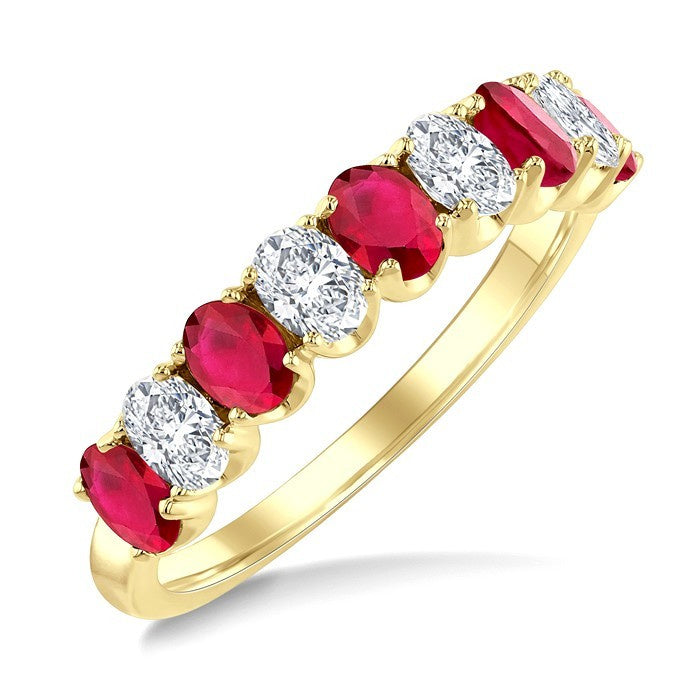 4X3 MM Oval Shape Ruby and 3/4 Ctw Oval Cut Diamond Precious Band in 14K Yellow Gold