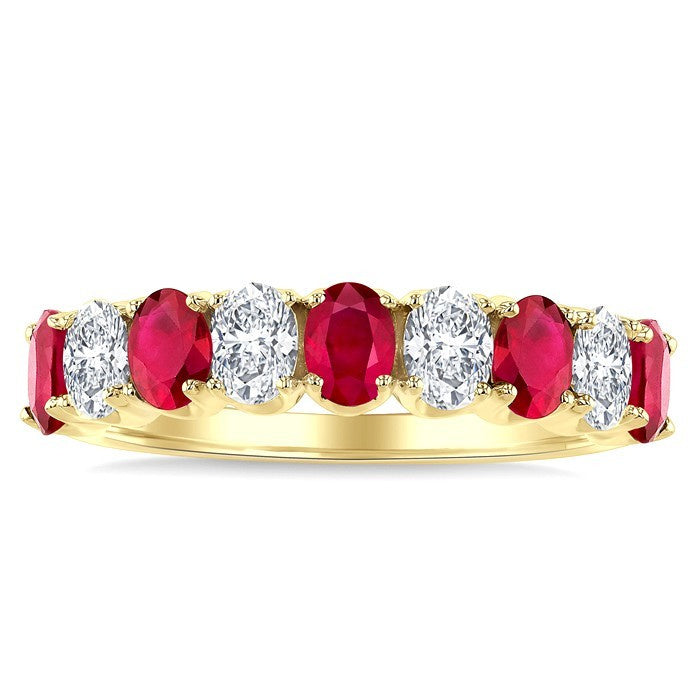 4X3 MM Oval Shape Ruby and 3/4 Ctw Oval Cut Diamond Precious Band in 14K Yellow Gold