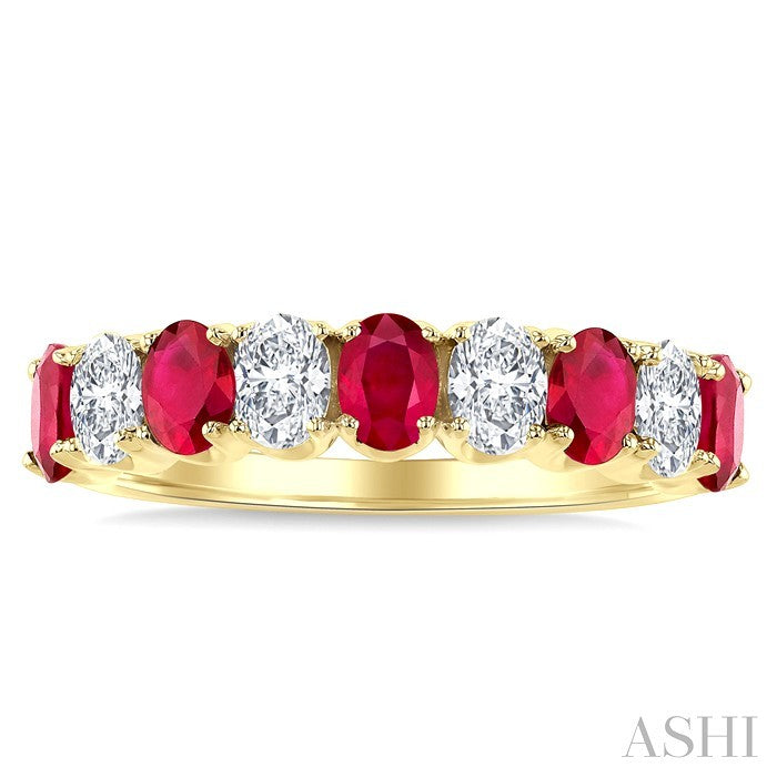 4X3 MM Oval Shape Ruby and 3/4 Ctw Oval Cut Diamond Precious Band in 14K Yellow Gold
