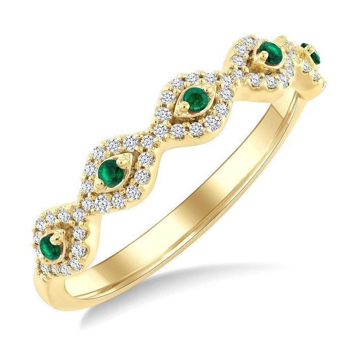 1.4 MM Round Shape Emerald and 1/5 Ctw Evil Eye Round Cut Diamond Stackable Precious Fashion Ring in 10K Yellow Gold