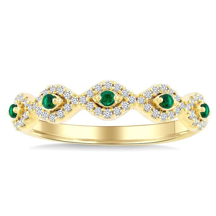 1.4 MM Round Shape Emerald and 1/5 Ctw Evil Eye Round Cut Diamond Stackable Precious Fashion Ring in 10K Yellow Gold