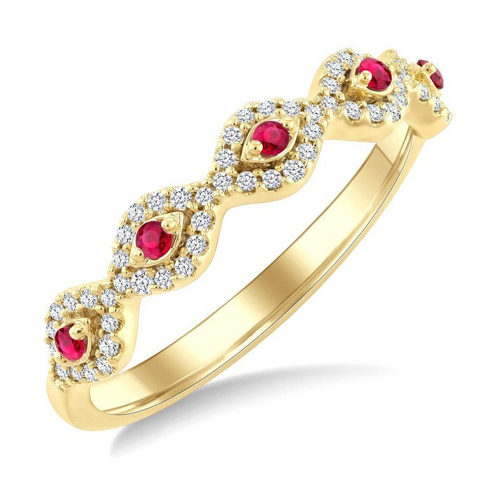 1.4 MM Round Shape Ruby and 1/5 Ctw Evil Eye Round Cut Diamond Stackable Precious Fashion Ring in 10K Yellow Gold