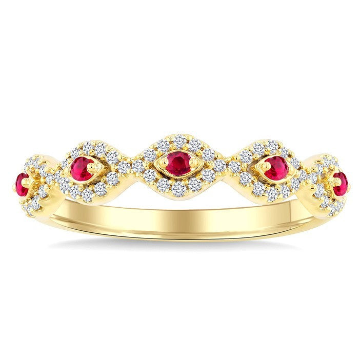 1.4 MM Round Shape Ruby and 1/5 Ctw Evil Eye Round Cut Diamond Stackable Precious Fashion Ring in 10K Yellow Gold