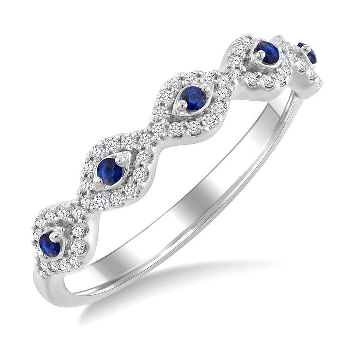 1.4 MM Round Shape Sapphire and 1/5 Ctw Evil Eye Round Cut Diamond Stackable Precious Fashion Ring in 10K White Gold