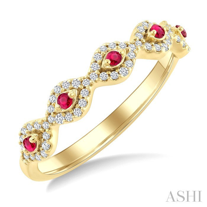 1.4 MM Round Shape Ruby and 1/5 Ctw Evil Eye Round Cut Diamond Stackable Precious Fashion Ring in 10K Yellow Gold