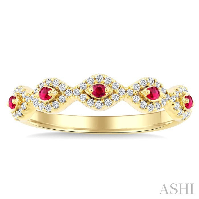 1.4 MM Round Shape Ruby and 1/5 Ctw Evil Eye Round Cut Diamond Stackable Precious Fashion Ring in 10K Yellow Gold