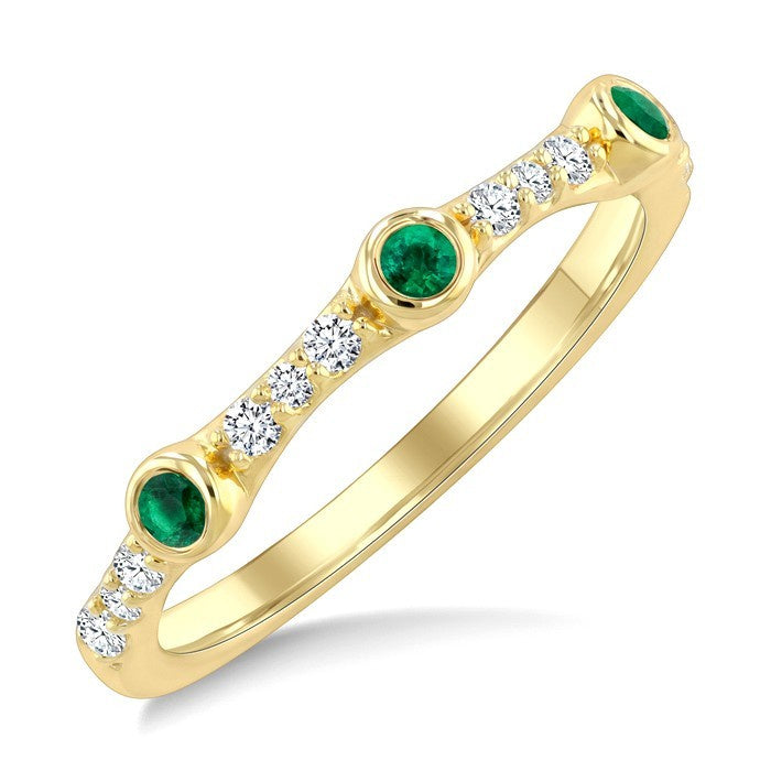2 MM Round Cut Emerald and 1/10 Ctw Round Cut Diamond Stackable Precious Ring in 10K Yellow Gold