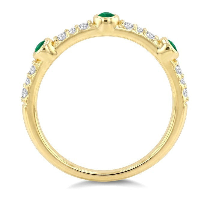 2 MM Round Cut Emerald and 1/10 Ctw Round Cut Diamond Stackable Precious Ring in 10K Yellow Gold