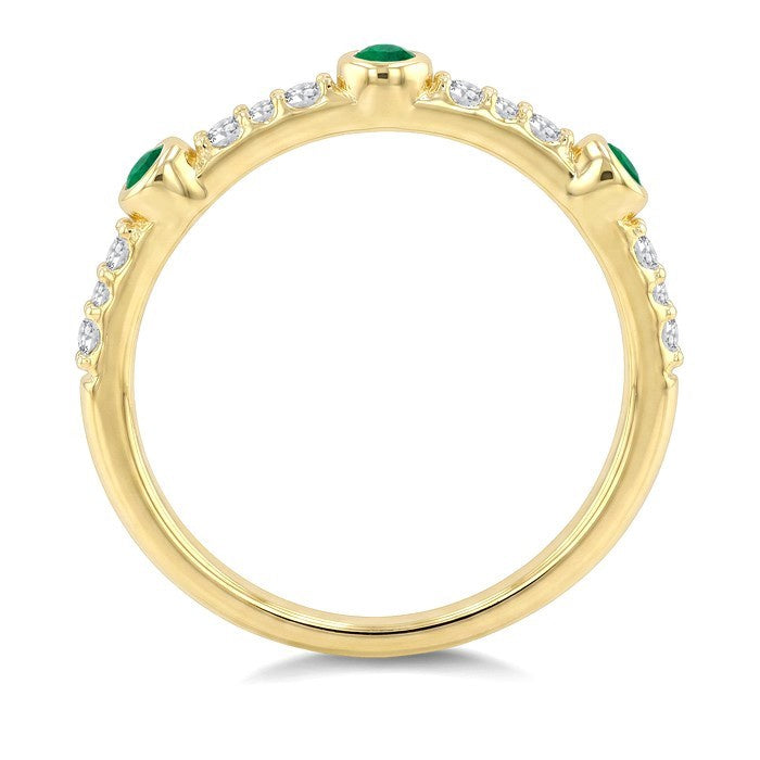 2 MM Round Cut Emerald and 1/10 Ctw Round Cut Diamond Stackable Precious Ring in 10K Yellow Gold